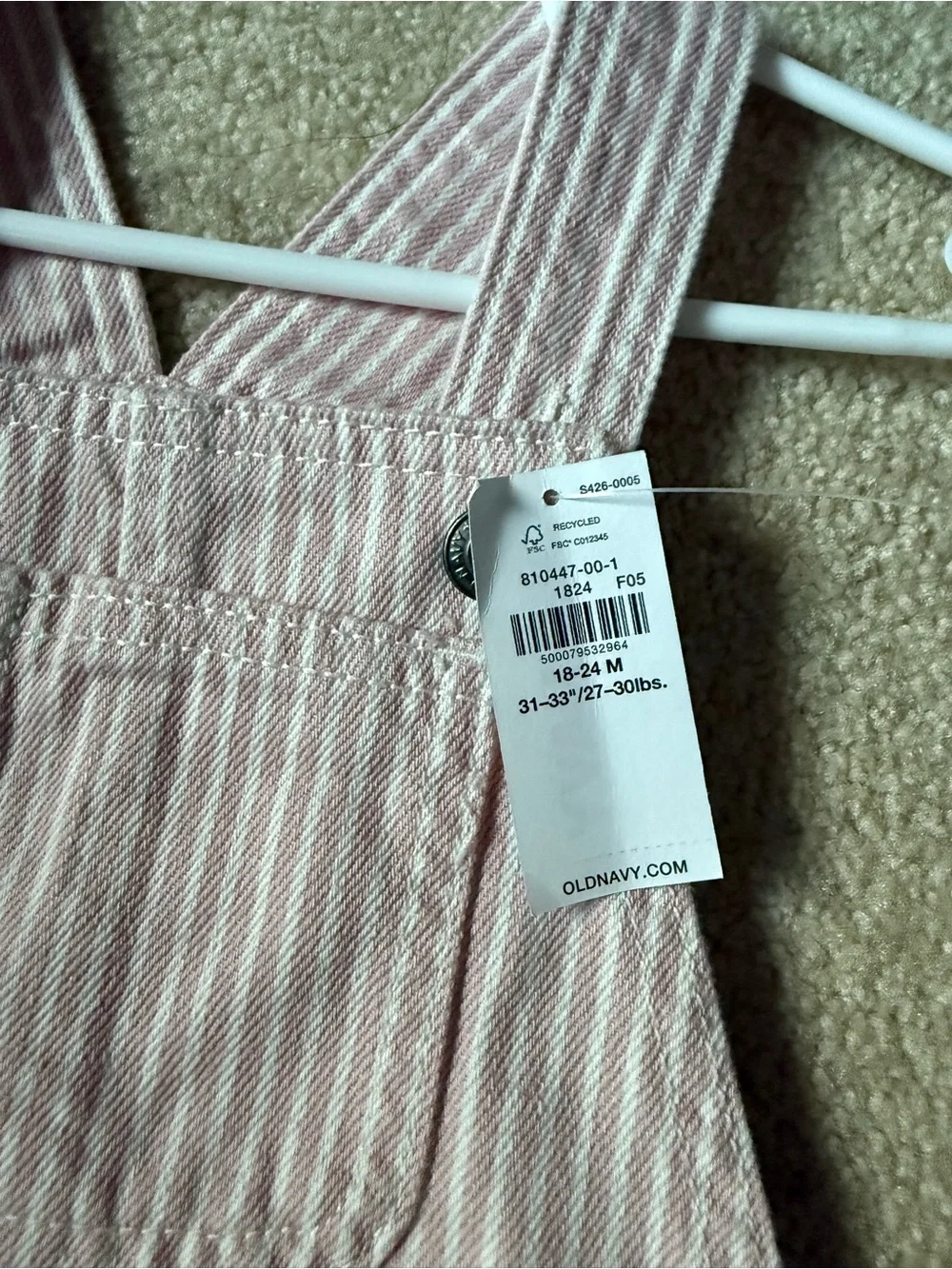 Pink and White Striped Children's Overalls NWT Old Navy 18-24 month